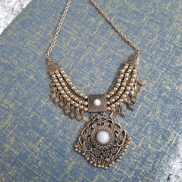Oxidized Gold Statement Necklace - Picture 2 of 4
